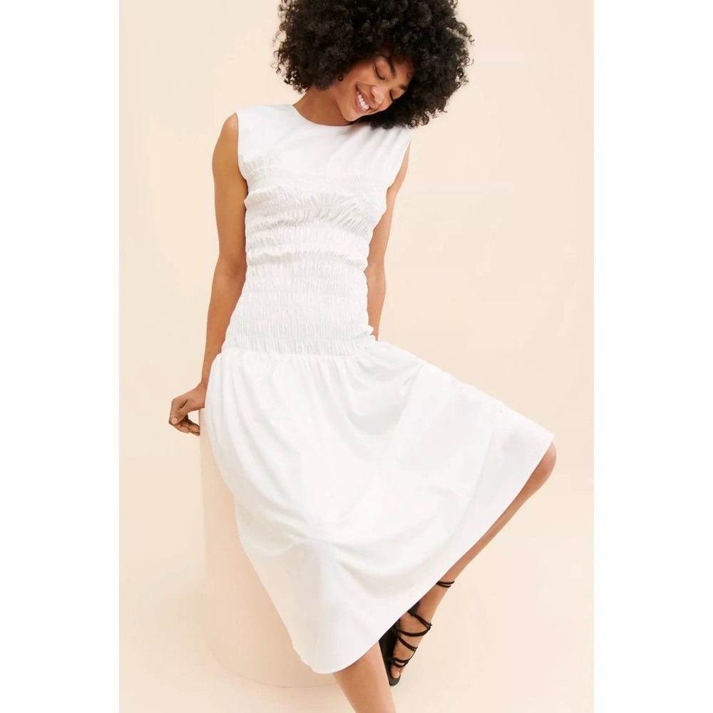 Anthro x Mare Mare White Smocked Drop Waist Sleeveless Midi Dress Sz S